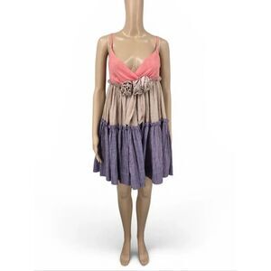 Dejavu Cotton Tricolor Tiered Ruffle Babydoll Dress - Coral, Beige & Lavender